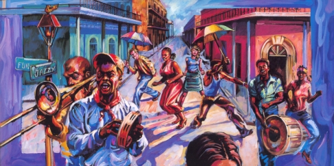 Second Line Serendipity by Marcus Akinlana | Giclee on canvas. Second Line Serendipity